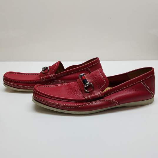 AUTHENTICATED Gucci Red Leather Horsebit Loafer Boat Shoes Mens Size 9 image number 3