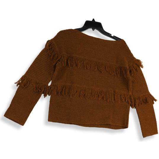 Womens Brown Fringed Round Neck Long Sleeve Pullover Sweater Size Small image number 4
