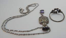 Artisan 925 Amethyst Scrolled Pendant Necklace Prehnite Drop Earrings & Ring alternative image