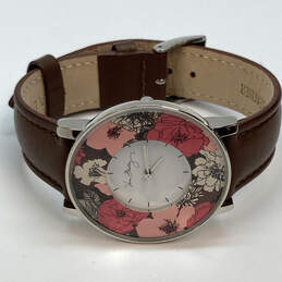 Designer Vera Bradley Pink Floral Brown Leather Strap Analog Wristwatch