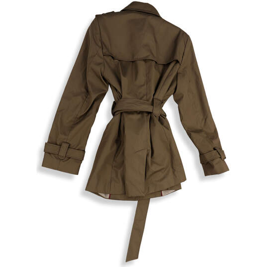 Womens Brown Long Sleeve Collared Belted Double Breasted Trench Coat Size S image number 2