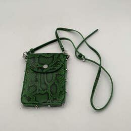 Womens Green Leather Snake Print Inner Pockets Studded Snap Crossbody Bag