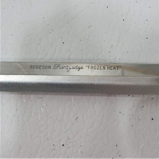 Vtg ROBESON Shur-Edge Frozen Heat Carving Knife Fork Set W/Wood Holder image number 9
