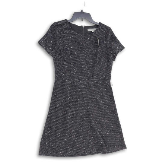 Womens Black Crew Neck Short Sleeve Back Zip Tweed A-Line Dress Size 6 image number 1