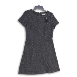 Womens Black Crew Neck Short Sleeve Back Zip Tweed A-Line Dress Size 6