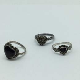 Sterling Silver Marcasite Onyx Heart Ring Bundle 8.2g