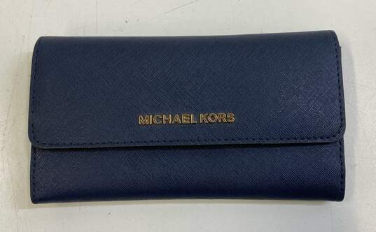 Michael Kors Navy Blue Leather Bifold Card Organizer Envelope Wallet image number 1