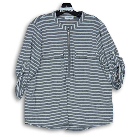 Womens Gray White Striped Roll Tab Sleeve Quarter Zip Blouse Top Size XL image number 1
