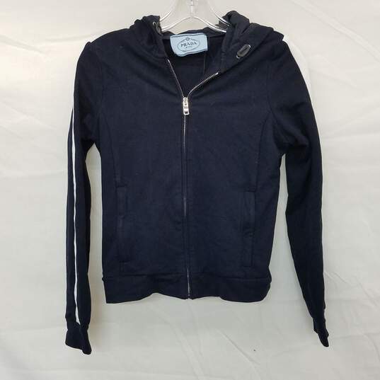 Prada Navy Blue Cotton Zip Up Hoodie Size S AUTHENTICATED image number 1
