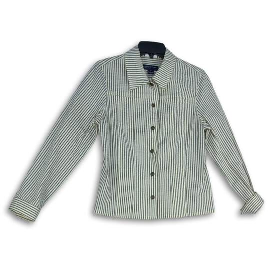 Jones New York Womens White Gray Striped Collared Long Sleeve Jacket Size M image number 1
