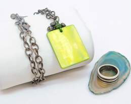 925 Silpada Green Mother Of Pearl Rectangle Pendant Necklace & JRC Mexico Ridged Ring 32.3g