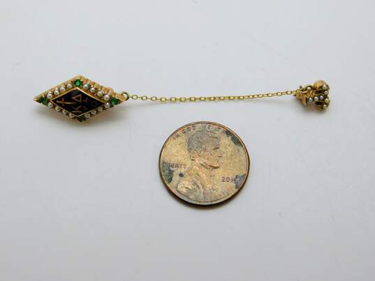 VNTG Sorority Kappa Delta 10K Yellow Gold Seed Pearl & Emerald Pin 3.8g image number 5