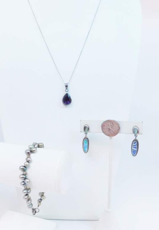 Artisan 925 Amethyst Faceted Teardrop Pendant Necklace Abalone Drop Post Earrings & Dark Pearl & Crystal Beaded Bracelet 16.8g image number 5