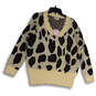 Womens Black Brown Animal Print Long Sleeve Pullover Sweater Size Medium image number 2