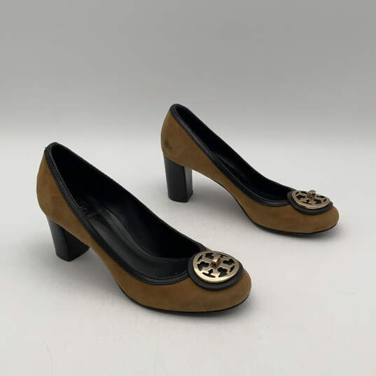 Womens Brown Black Leather Round Toe Slip-On Block Pump Heels Size 7 image number 3