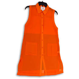 Womens Orange Sleeveless Collared Side Slit Button-Up Shirt Size Small