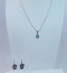 Artisan 925 Southwestern Faux Turquoise Cabochon Dotted Pendant Liquid Silver Necklace & Faux Stone Inlay Drop Earrings 7.2g
