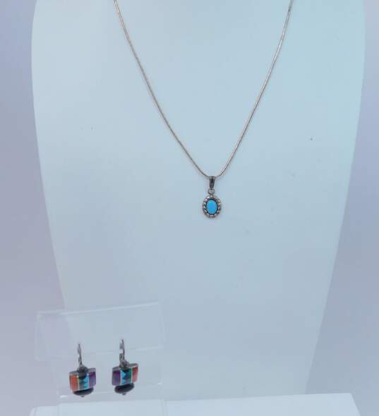Artisan 925 Southwestern Faux Turquoise Cabochon Dotted Pendant Liquid Silver Necklace & Faux Stone Inlay Drop Earrings 7.2g image number 1