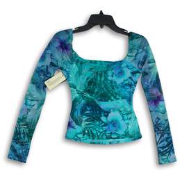 NWT Womens Blue Leaf Print Long Sleeve Backless Blouse Top Size XS alternative image