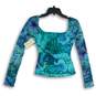 NWT Womens Blue Leaf Print Long Sleeve Backless Blouse Top Size XS image number 2