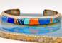 Signed Muskett 925 Southwestern Turquoise Lapis Spiny Oyster Inlay Cuff Bracelet image number 4