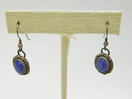 Signed J Rogers 925 Southwestern Lapis Lazuli Cabochon Notched Drop Earrings 7.5g image number 2