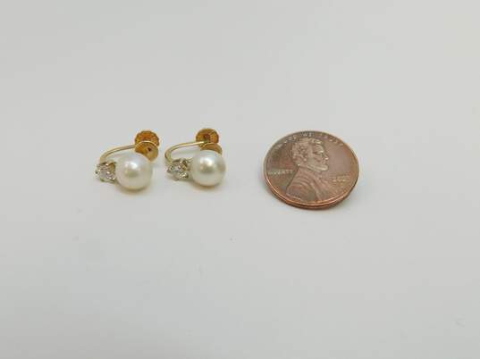 14K Yellow Gold 0.50 CTTW Diamond & Pearl Screw Back Earrings 2.7g image number 4