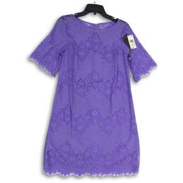 NWT Adrianna Papell Womens Purple Lace Round Neck Short Sleeve Shift Dress Sz 8