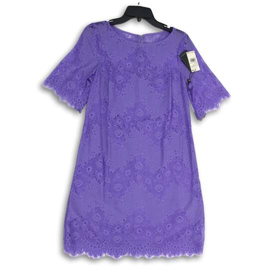 NWT Adrianna Papell Womens Purple Lace Round Neck Short Sleeve Shift Dress Sz 8 image number 1