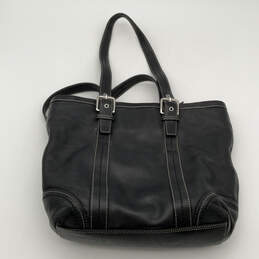 Womens Black Leather Inner Pockets Adjustable Double Handed Tote Bag
