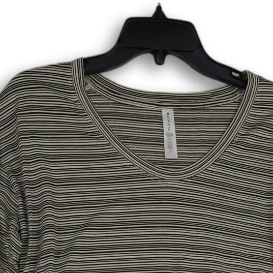 Womens Black White Striped Round Neck Long Sleeve Activewear Top Size M image number 3