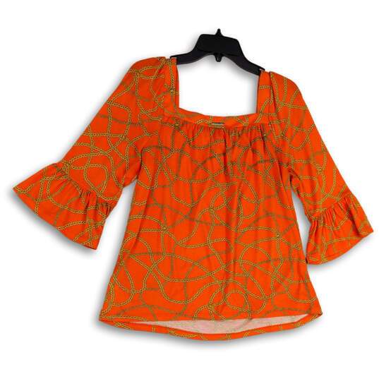 Womens Orange Yellow Chain Print Square Neck Bell Sleeve Blouse Top Size S image number 2