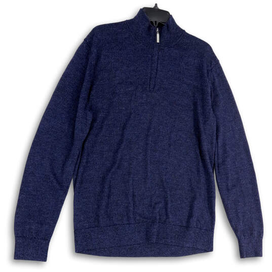 Mens Blue Knitted 1/4 Zip Mock Neck Long Sleeve Pullover Sweater Size XL image number 1