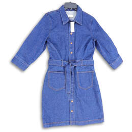 NWT Womens Blue Denim 3/4 Sleeve Tie Waist Knee Length Shirt Dress Size 8