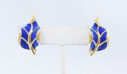 Vintage Crown Trifari Blue Enamel & Gold Tone Brushed Leaf Brooch & Clip On Earrings 33.6g alternative image