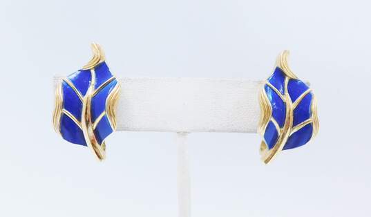 Vintage Crown Trifari Blue Enamel & Gold Tone Brushed Leaf Brooch & Clip On Earrings 33.6g image number 2