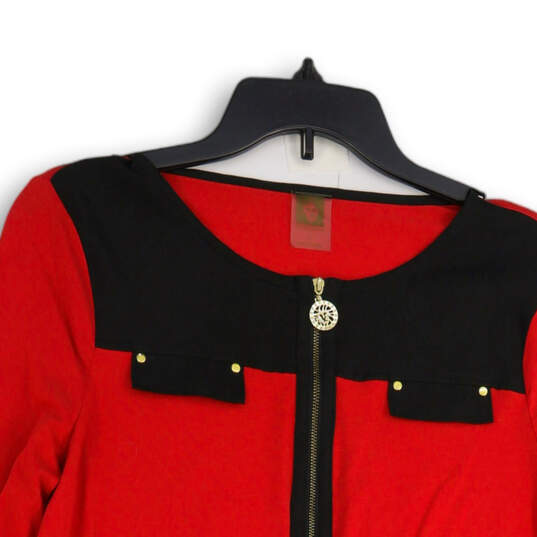 Womens Red Black Long Sleeve Round Neck Half Zip Blouse Top Size L image number 3