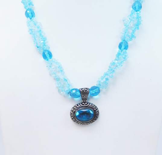 Artisan 925 Faceted Blue Glass Open Scrolled Oval Pendant Blue Crystal & Dyed Quartz Chips Beaded Necklace 51.4g image number 1