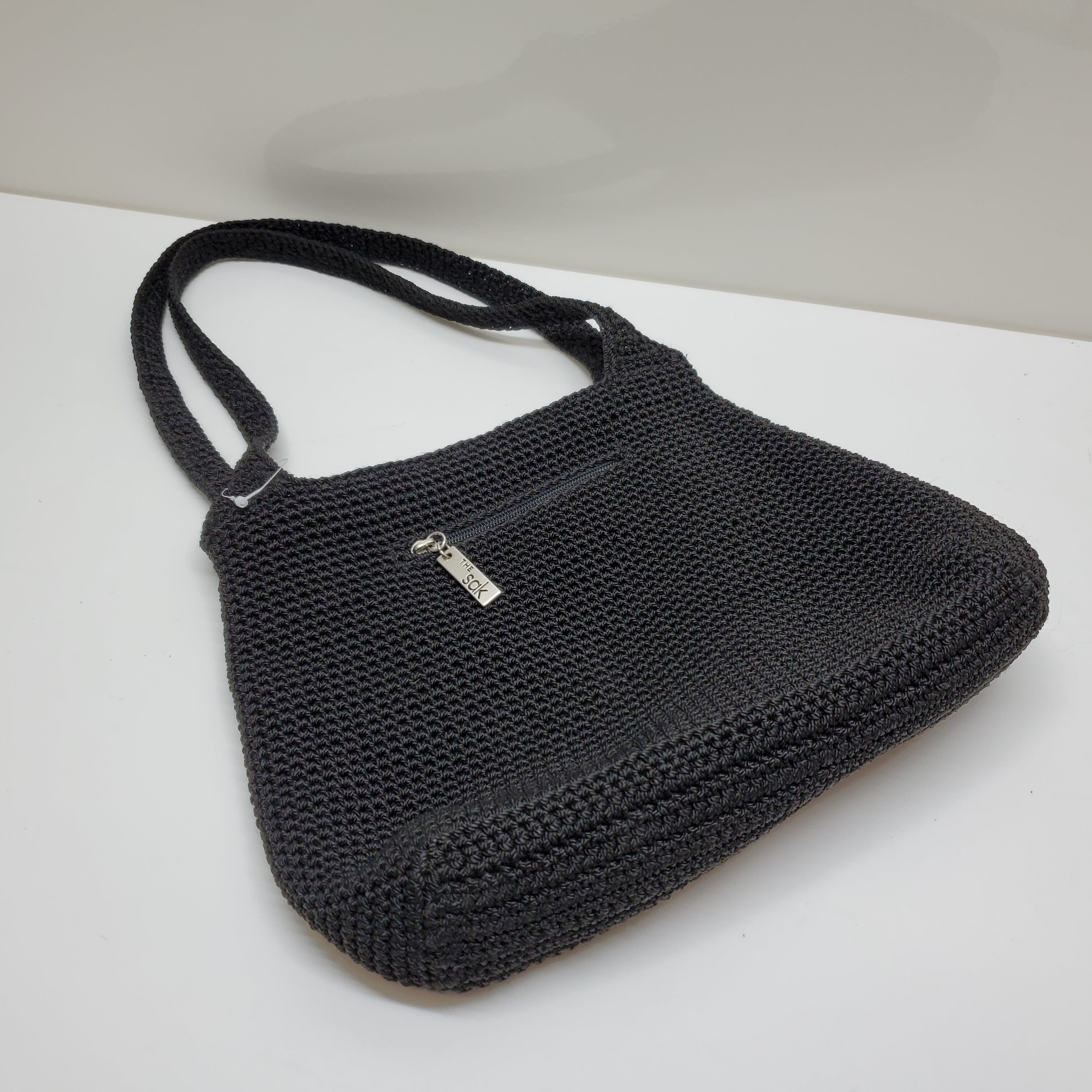 The Sak Black Woven Crochet Knit Shoulder Bag Purse Adjustable Strap Zip  Close | eBay