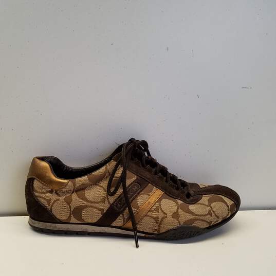 COACH Katelyn Tan Brown Signature Print Canvas Lace Up Sneakers Size 7 M image number 1
