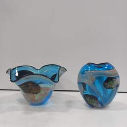 Set of 2 Hand Blown Heavy Glass Blue Ocean Motif Art Glass Vases