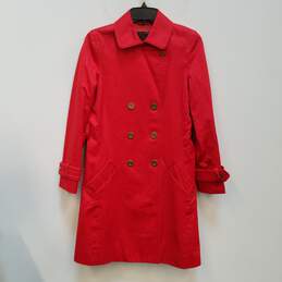 Womens Red Cotton Long Sleeve Double Breasted Trench Coat Size X-Small