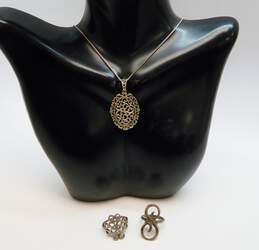 Artisan 925 Open Scrolled Oval Pendant Necklace & S Initial Monogram & Looped Band Rings 10.9g
