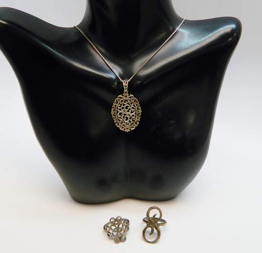 Artisan 925 Open Scrolled Oval Pendant Necklace & S Initial Monogram & Looped Band Rings 10.9g image number 1