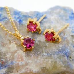 14K Yellow Gold Ruby & Diamond Accent Necklace & Stud Earrings Set 1.9g
