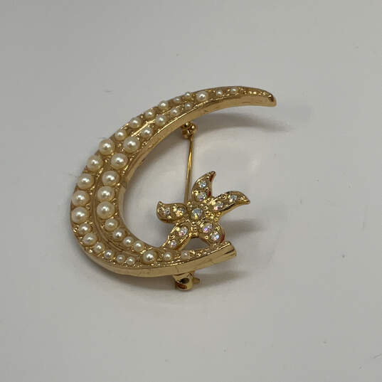 Designer Kirks Folly Gold-Tone Waning Crescent Moon Beaded Pearl Brooch Pin image number 1