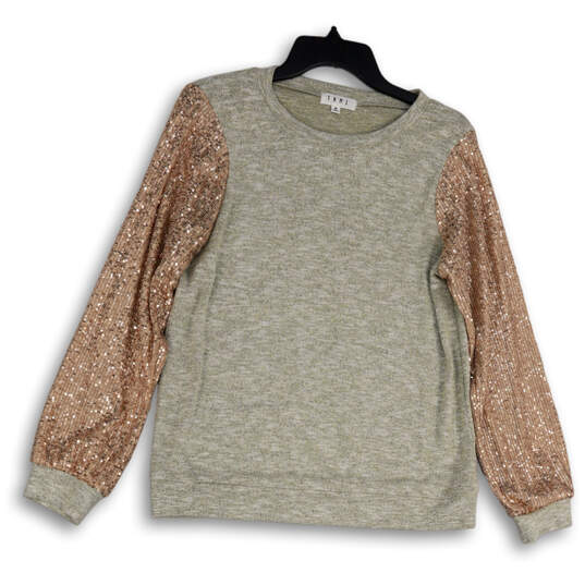 Womens Gray Heather Round Neck Long Sleeve Sequin Pullover Sweater Size M image number 1
