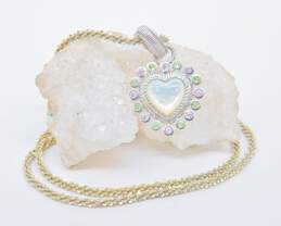 Judith Ripka 925 White Mother of Pearl & Peridot & Pink Tourmaline Halo Heart Pendant & Fancy Chain Necklace 18.6g