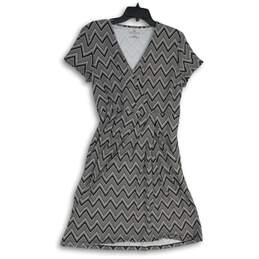 Womens Black White Herringbone V-Neck Short Sleeve Fit & Flare Dress Size L