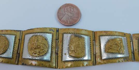Taxco Mexico 925 & Brass Eagle & Snake Warriors & Aztec Calendar Tapered Wide Paneled Bracelet 46.2g image number 5